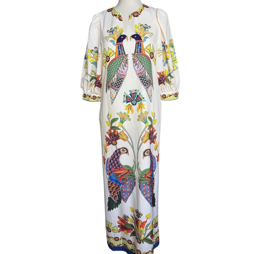Stunning Novelty Bird Print Maxi Dress Cream Puff Sleeve Boho Shift Size Small